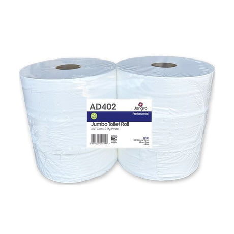 Jangro Professional Jumbo Toilet Roll 2 Ply – packaging with two rolls visible.