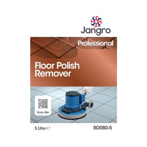 Jangro Floor Polish Remover & Stripper 5L – product packaging with usage information.