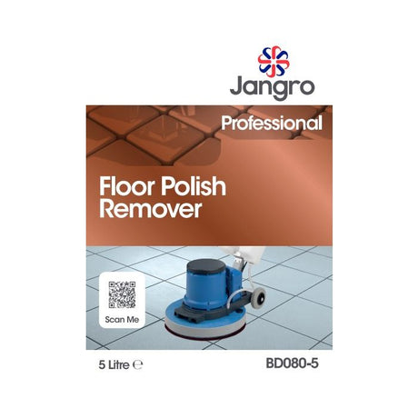 Jangro Floor Polish Remover & Stripper 5L – product packaging with usage information.
