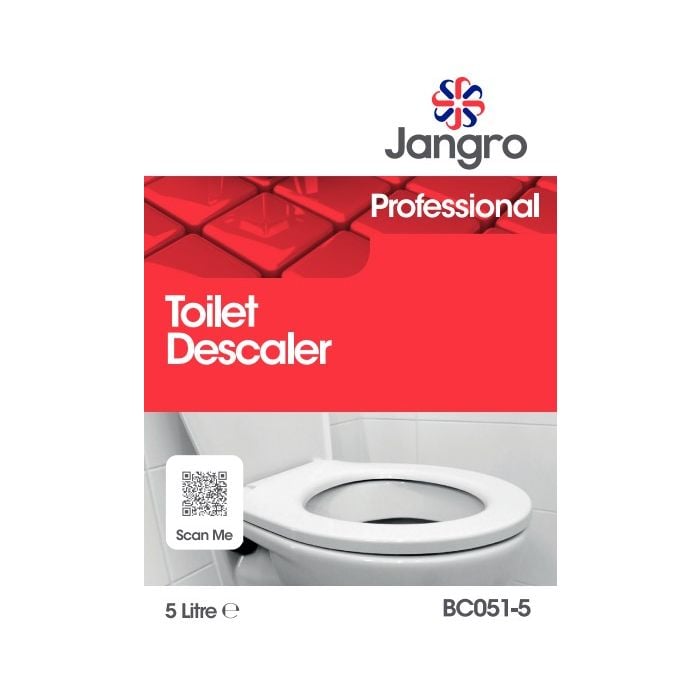 Jangro Toilet Descaler 5Ltr – product packaging with usage information and QR code.
