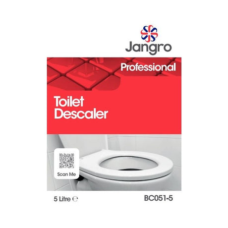Jangro Toilet Descaler 5Ltr – product packaging with usage information and QR code.