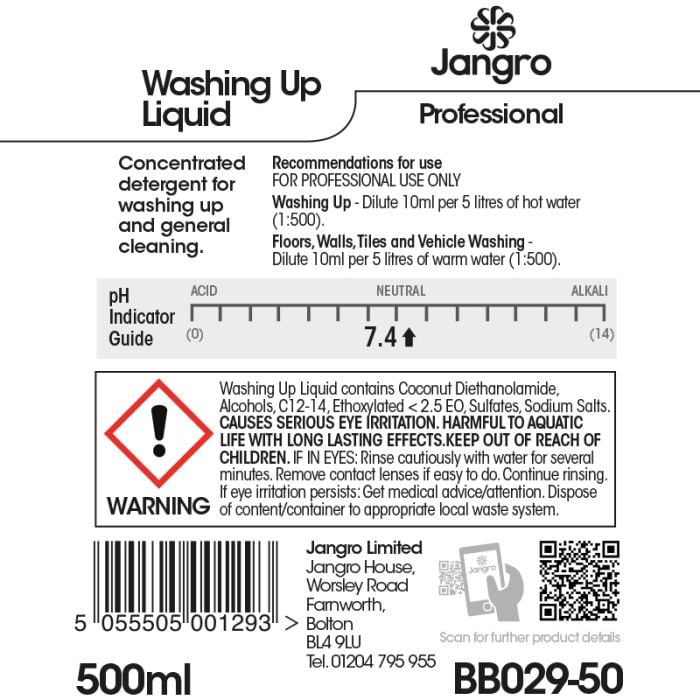 Jangro Easy Washing Up Liquid 12x500ml | BB029-50 | Concentrated Manual Cleaner