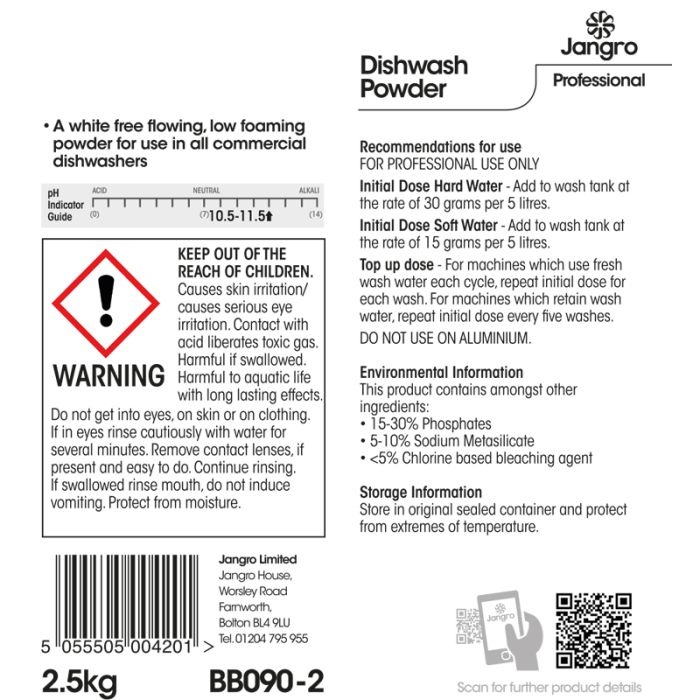 Jangro Dishwash Powder 2.5kg | BB090-2 | Commercial Dishwasher Detergent