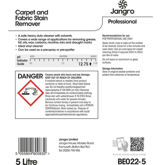 Jangro Carpet & Fabric Stain Remover 5L - BE022-5 | Heavy-Duty Multi-Surface Cleaner