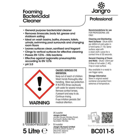 Safety and usage instructions for Jangro Professional Foaming Bactericidal Cleaner 5 Litre.