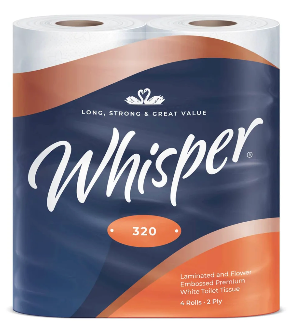 Whisper 320 2-ply toilet tissue packaging featuring four rolls.
