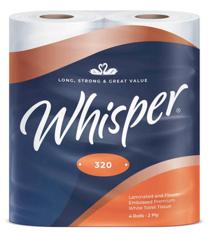 Whisper 320 2-ply toilet tissue packaging featuring four rolls.