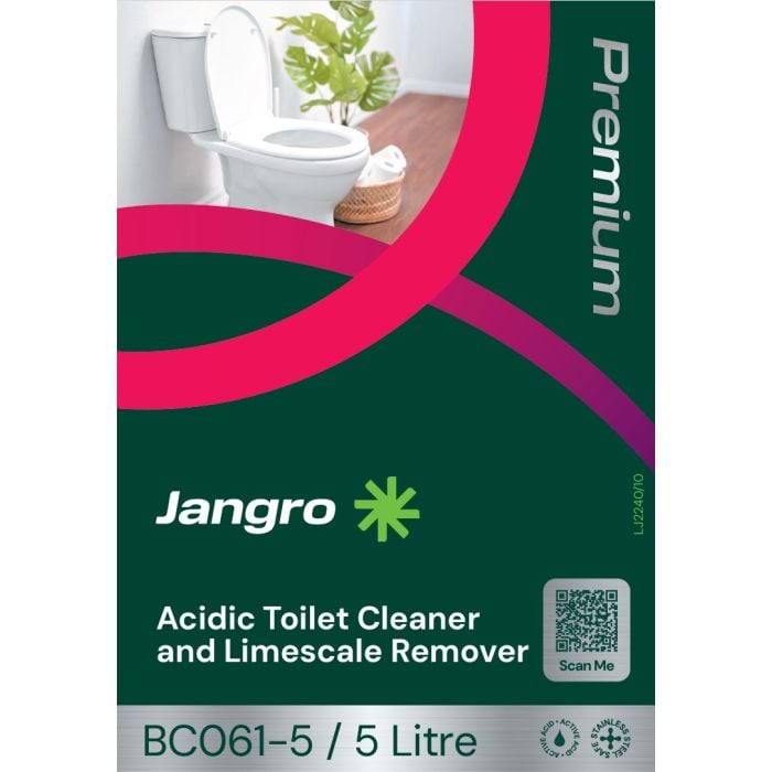Jangro Acidic Toilet Cleaner & Limescale Remover 5L – product packaging with usage details.