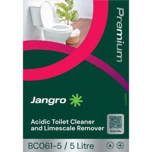 Jangro Acidic Toilet Cleaner & Limescale Remover 5L – product packaging with usage details.