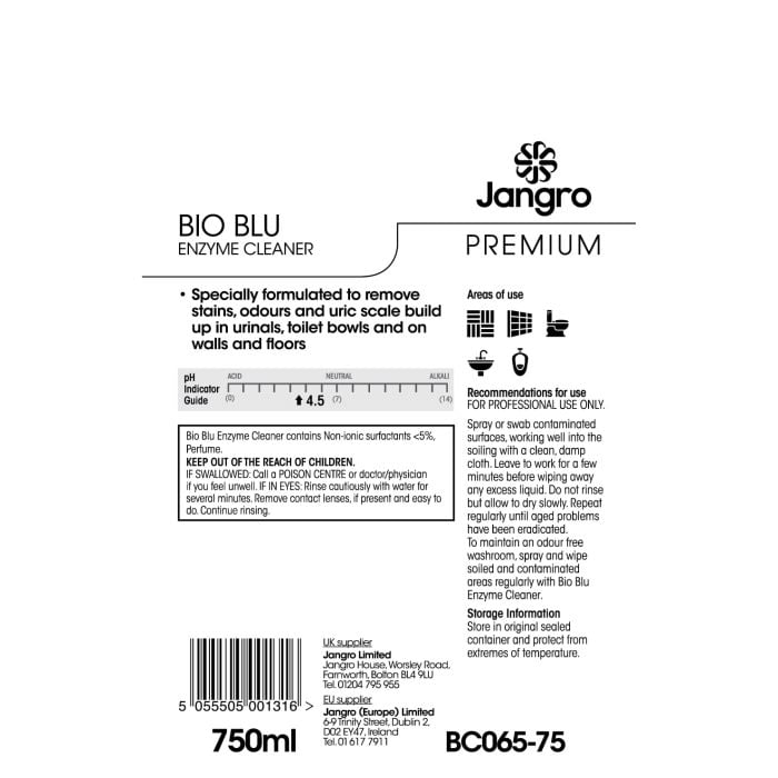 Jangro Premium Bio Blu Enzyme Cleaner 750ml – usage instructions and safety information.