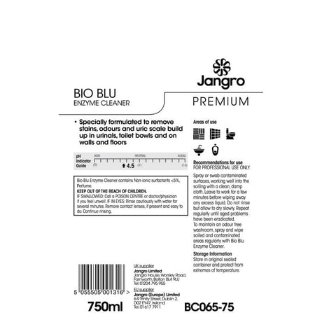 Jangro Premium Bio Blu Enzyme Cleaner 750ml – usage instructions and safety information.