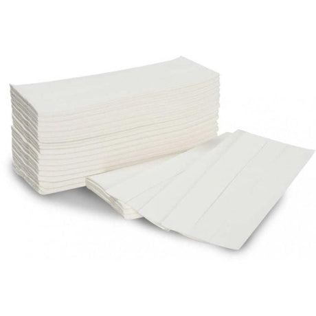 Stack of Jangro White C-Fold Hand Towels, 2 Ply, 2295 count.