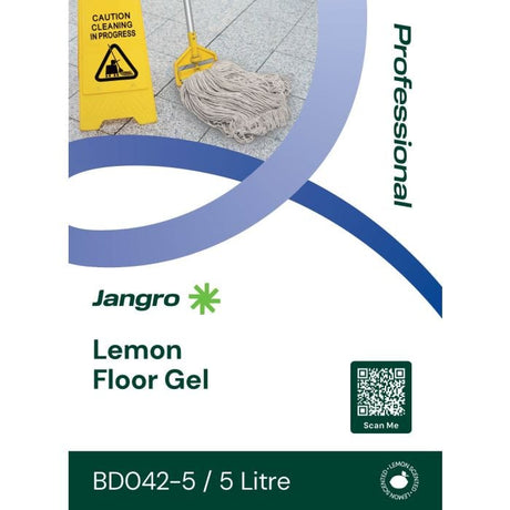 Jangro Lemon Floor Gel 5L packaging featuring cleaning instructions and product details.