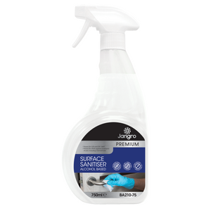 Jangro Premium Alcohol Based Surface Sanitiser 750ml – spray bottle with usage instructions.