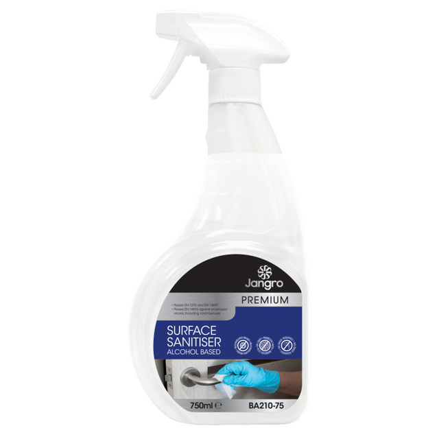 Jangro Premium Alcohol Based Surface Sanitiser 750ml – spray bottle with usage instructions.
