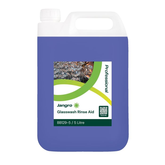 Jangro Glasswash Rinse Aid 5Ltr – product packaging with usage information.