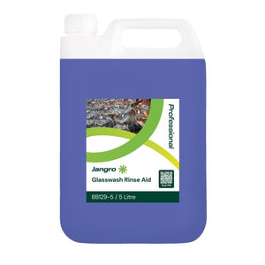 Jangro Glasswash Rinse Aid 5Ltr – product packaging with usage information.