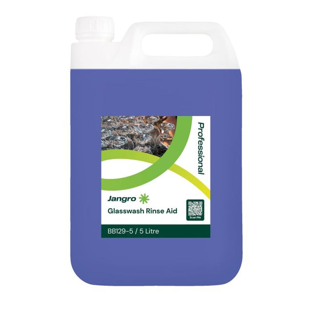 Jangro Glasswash Rinse Aid 5Ltr – product packaging with usage information.