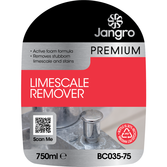 Jangro Premium Limescale Remover 750ml – product label with usage instructions and QR code.