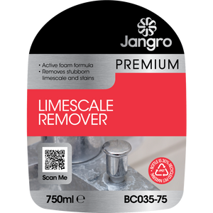 Jangro Premium Limescale Remover 750ml – product label with usage instructions and QR code.