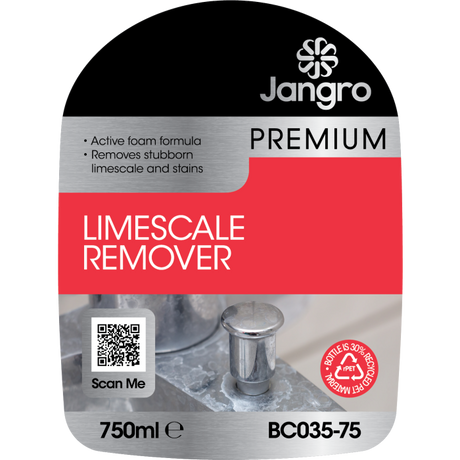 Jangro Premium Limescale Remover 750ml – product label with usage instructions and QR code.