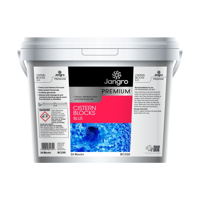 Jangro Premium Cistern Blocks – packaging for toilet cistern freshener with usage instructions and warnings.