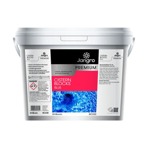 Jangro Premium Cistern Blocks – packaging for toilet cistern freshener with usage instructions and warnings.