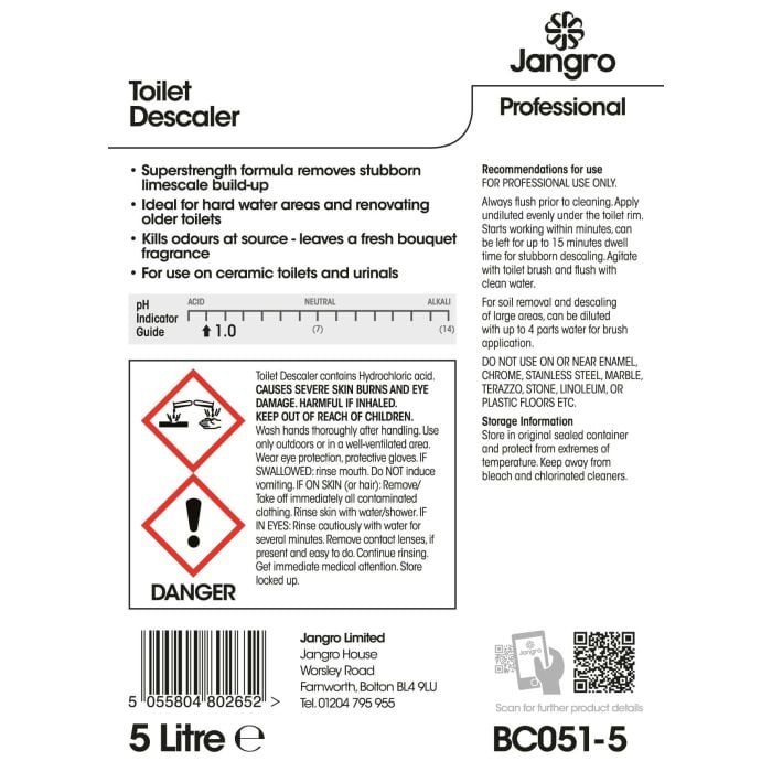 Jangro Toilet Descaler 5Ltr – safety and usage instructions label.
