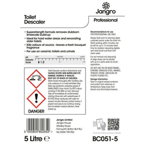 Jangro Toilet Descaler 5Ltr – safety and usage instructions label.
