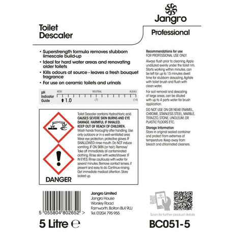 Jangro Toilet Descaler 5Ltr – safety and usage instructions label.