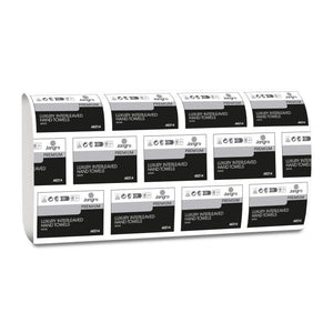 Jangro Premium Luxury 2-ply white interleaved hand towels packaging, 2400 towels per case.