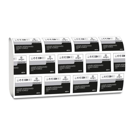 Jangro Premium Luxury 2-ply white interleaved hand towels packaging, 2400 towels per case.