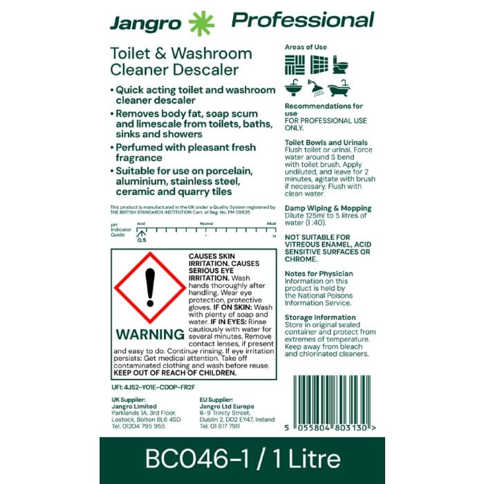 Jangro Professional Toilet & Washroom Cleaner Descaler – usage instructions and safety information.