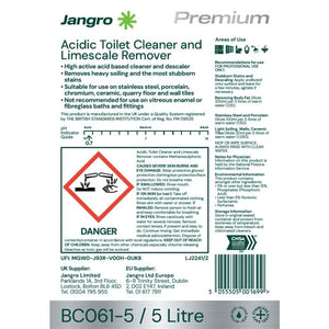 Jangro Acidic Toilet Cleaner & Limescale Remover – safety and usage information label.