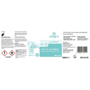 Jangro Contract Hand Sanitiser 73% Alcohol – usage instructions and safety information label.