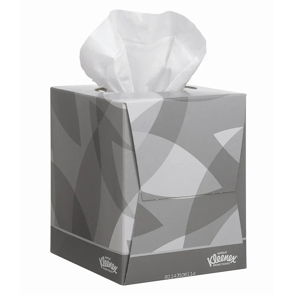 Kleenex Cube Tissue – gray patterned box with tissues partially visible.