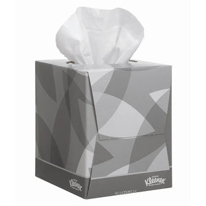 Kleenex Cube Tissue – gray patterned box with tissues partially visible.