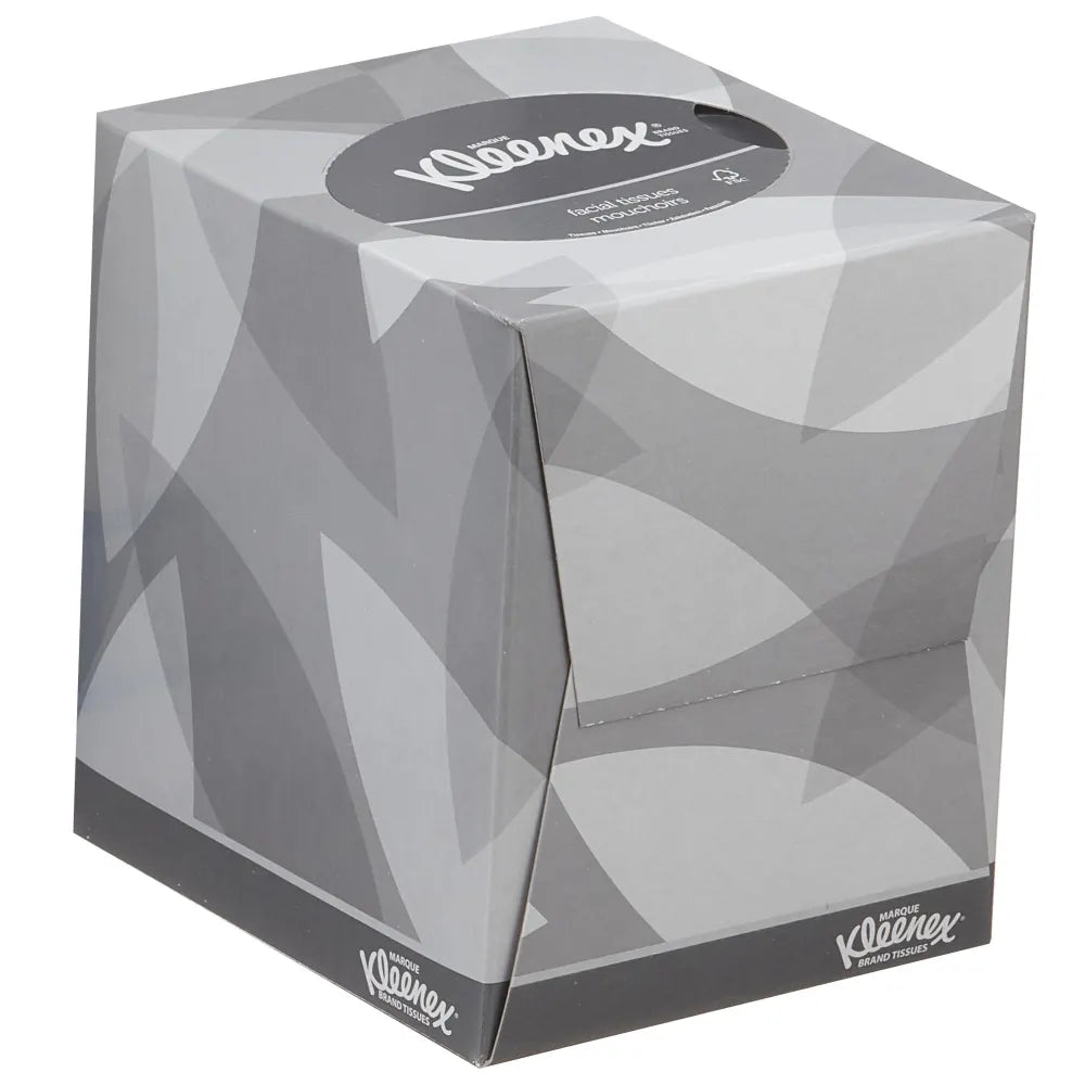 Kleenex Cube Facial Tissues – gray geometric packaging with 90 sheets.