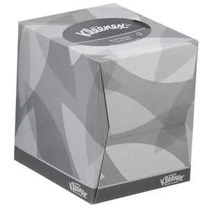 Kleenex Cube Facial Tissues – gray geometric packaging with 90 sheets.