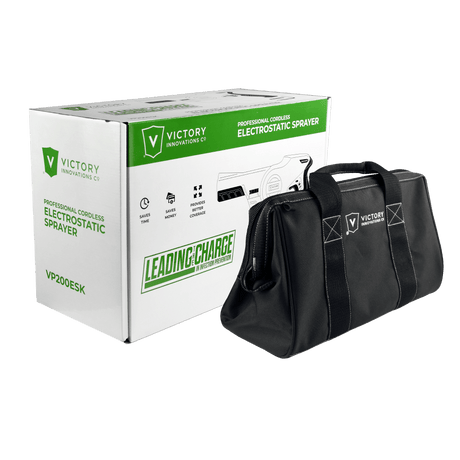 Victory Electrostatic Sprayer Gun Pro – packaging with included carrying bag and product details.
