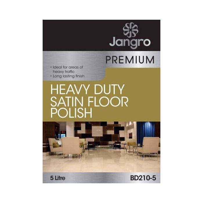 Jangro Premium Heavy Duty Satin Floor Polish 5L – product packaging with usage details.