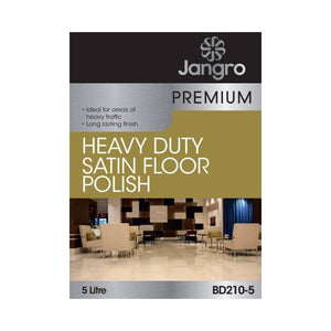 Jangro Premium Heavy Duty Satin Floor Polish 5L – product packaging with usage details.