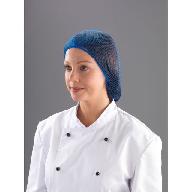 Blue Hairnet Banded Ringed - DG015-B | UK Made PPE, worn by a person in a chef's coat.