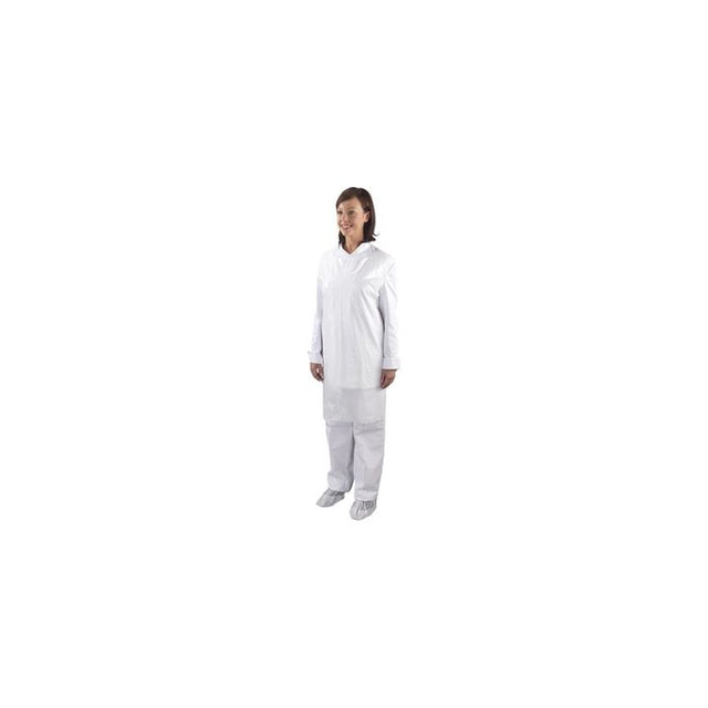 Person wearing a disposable white polythene apron, standing upright.