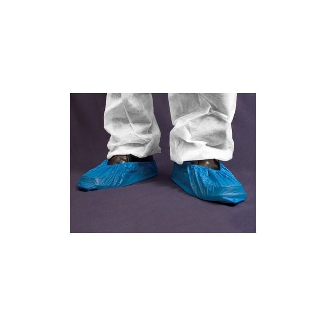 Blue disposable overshoes for protection, shown on feet, ideal for cleanliness.