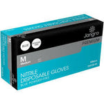 Jangro Premium Blue Nitrile Gloves, Medium size, 100 count packaging.