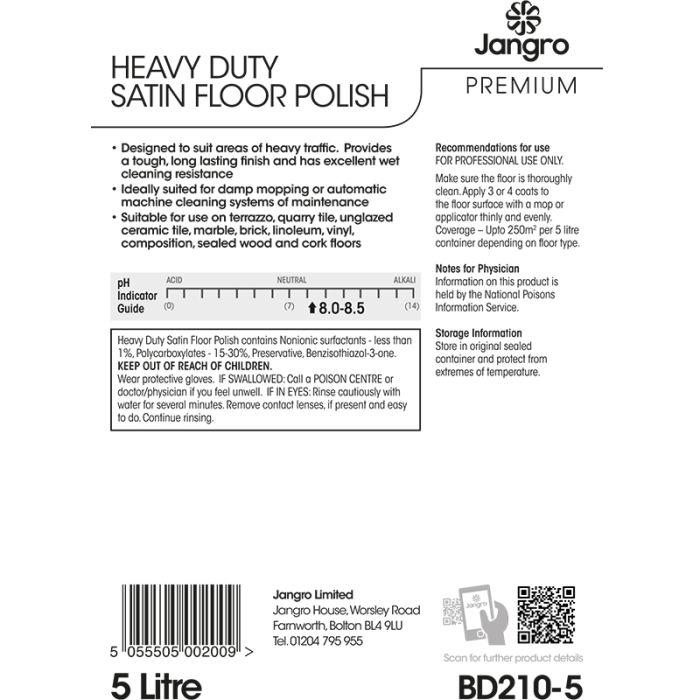 Jangro Premium Heavy Duty Satin Floor Polish – usage instructions and safety information label.