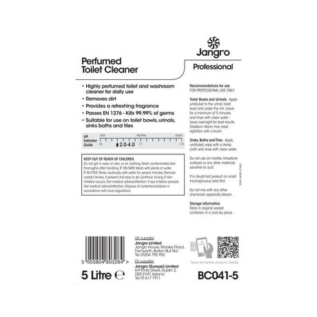 Jangro Perfumed Toilet Cleaner 5L – usage instructions and safety information label.