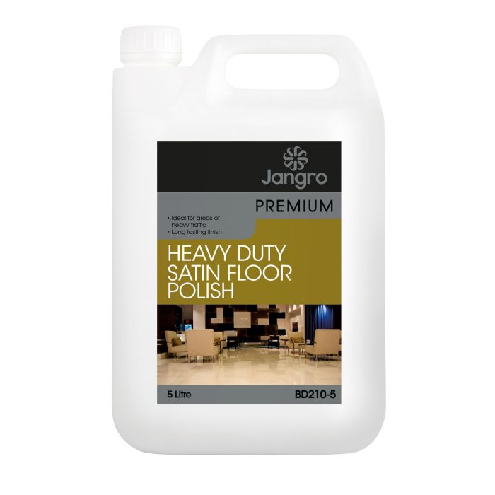 Jangro Premium Heavy Duty Satin Floor Polish 5L – product packaging with usage details.