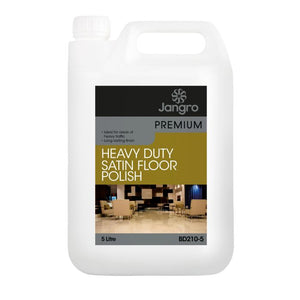 Jangro Premium Heavy Duty Satin Floor Polish 5L – product packaging with usage details.